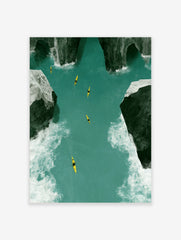 Aerial view of five yellow kayaks on a turquoise river between dark craggy rocks, nature wall art print
