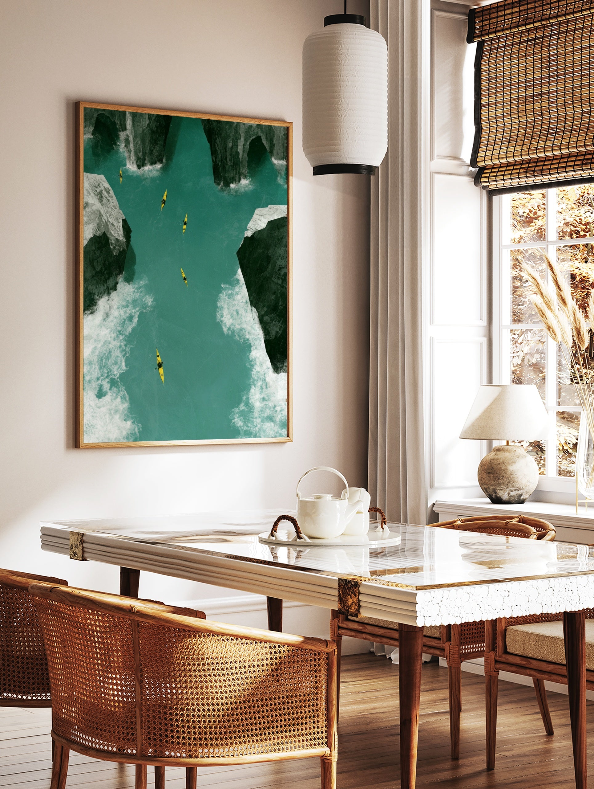 Aerial view of five yellow kayaks on a turquoise river between dark craggy rocks, nature wall art, in a styled room mockup
