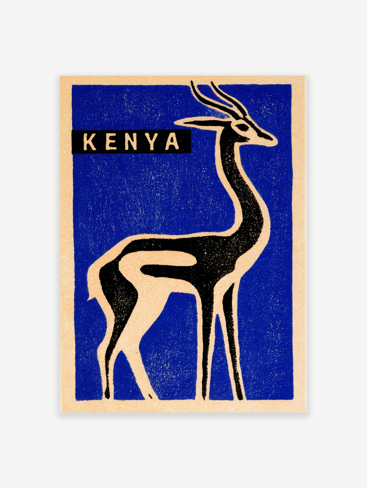 Stylised black and cream antelope illustration on a deep blue background with the word KENYA in a bold, modern font