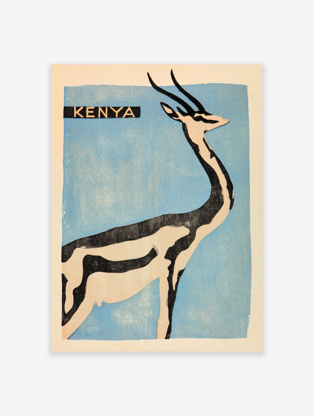 Kenya antelope poster with a black and white gazelle silhouette on a blue background and bold typography
