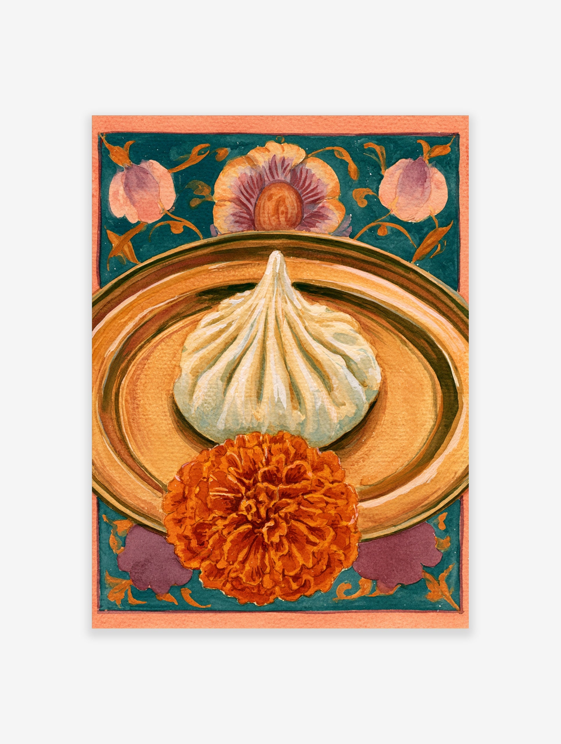 Khinkali dumpling on a golden plate with an orange marigold flower against a teal botanical background art print
