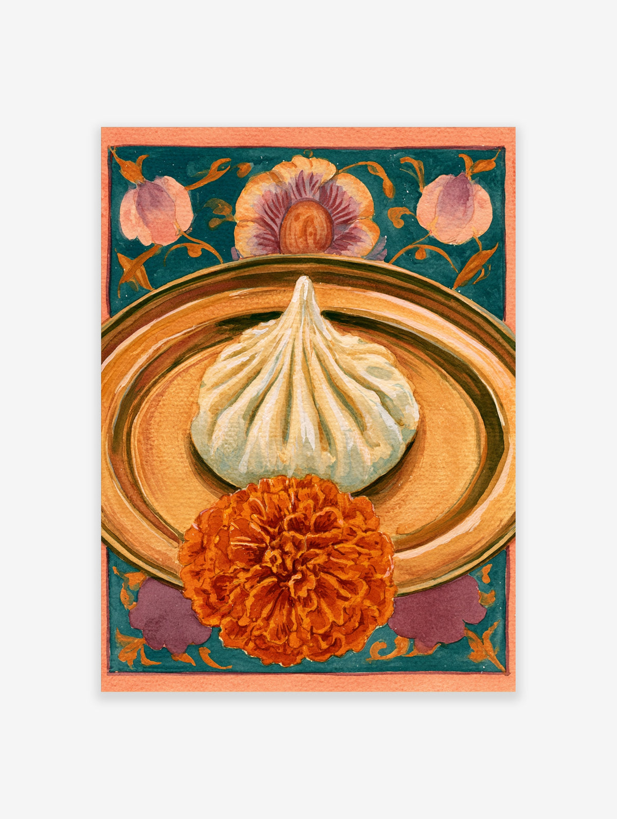 Khinkali dumpling on a golden plate with an orange marigold flower against a teal botanical background art print