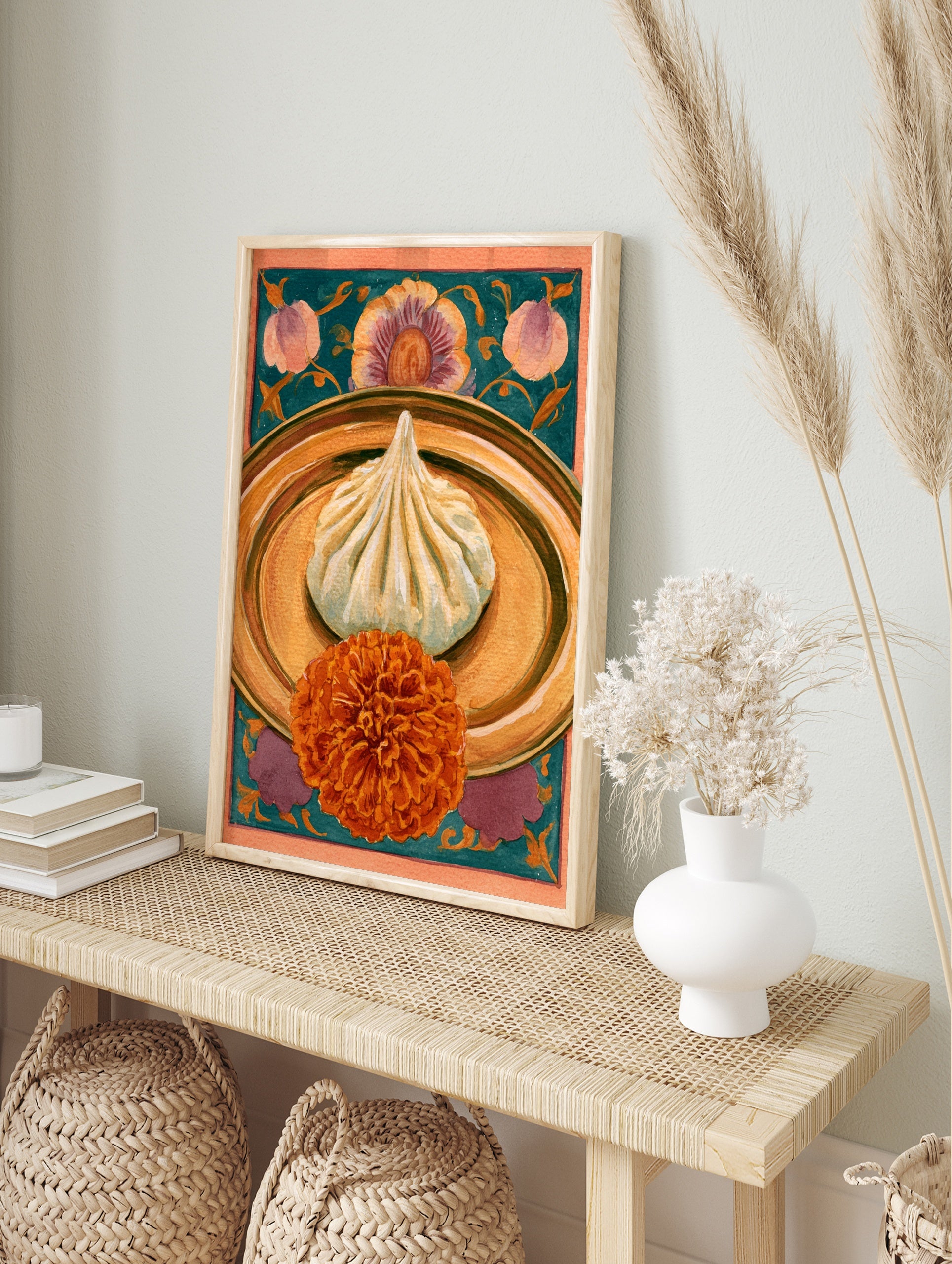 Khinkali dumpling on a golden plate with an orange marigold flower against a teal botanical, in an alternate framed mockup