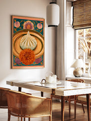 Khinkali dumpling on a golden plate with an orange marigold flower against a teal botanical, in a styled room mockup