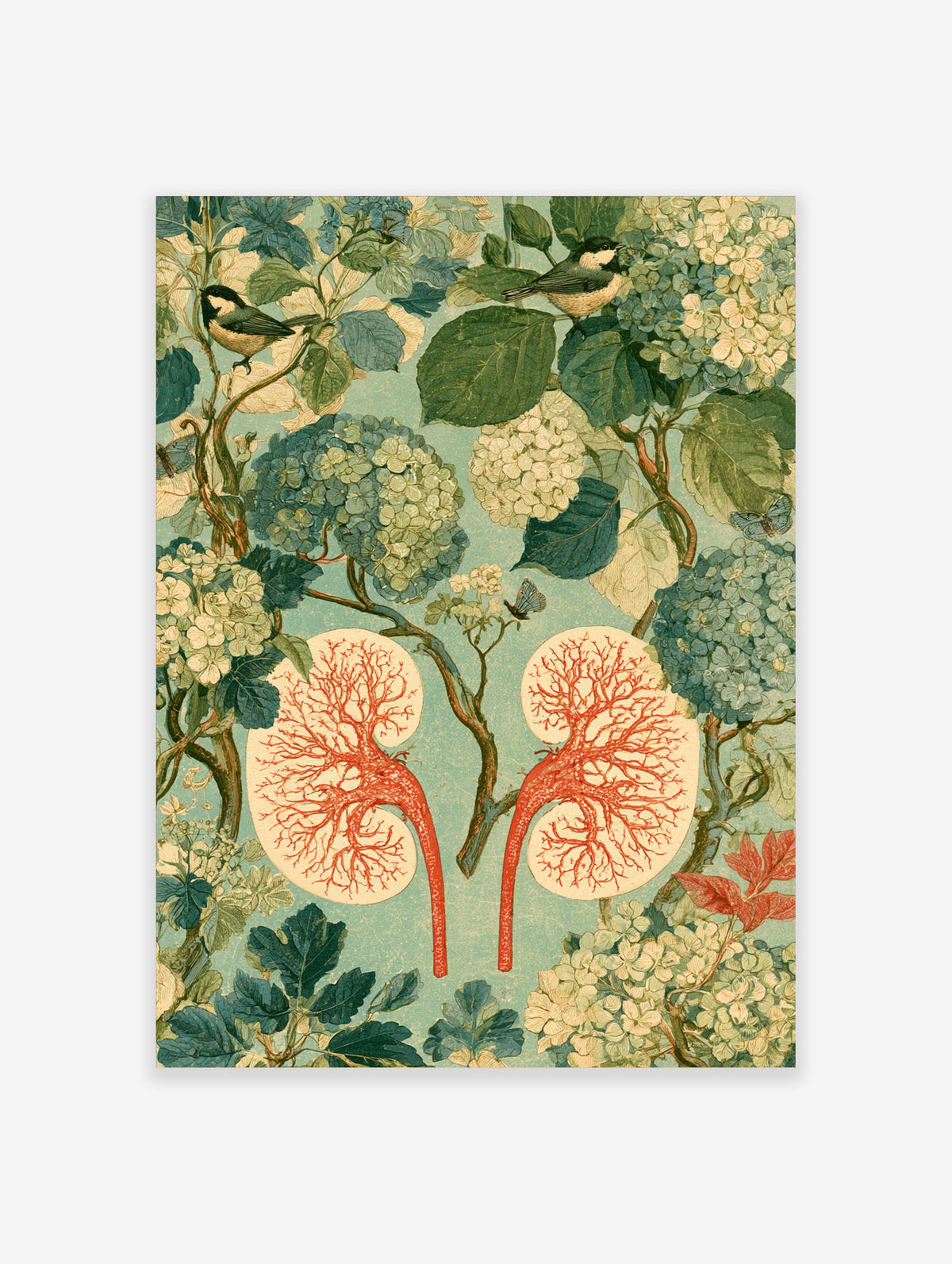 Kidney anatomy art print with red vessels, green hydrangeas, leaves, and two chickadees