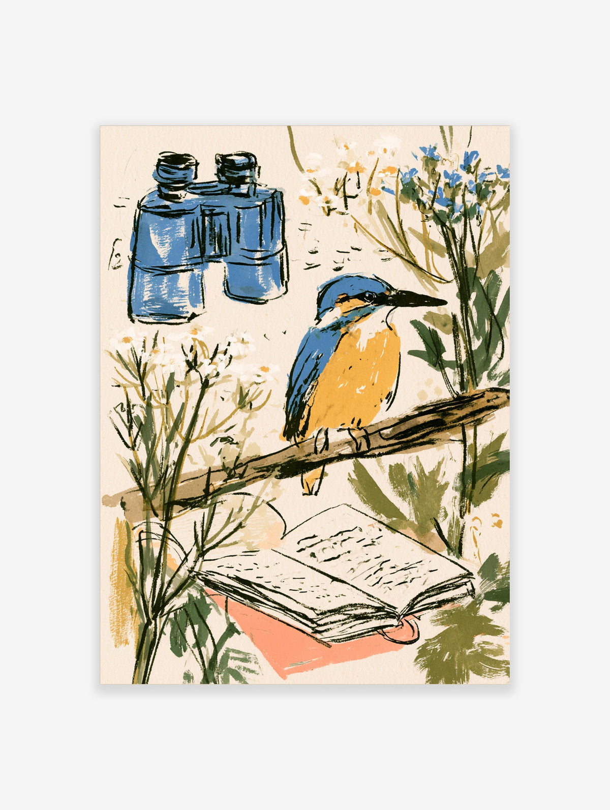 Kingfisher bird art print with blue binoculars, wildflowers, and open notebook on cream background