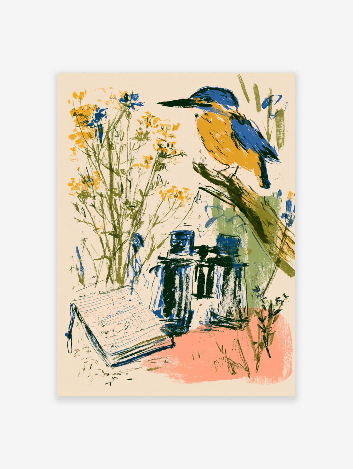 Kingfisher bird art print with yellow wildflowers, binoculars and notebook on cream background