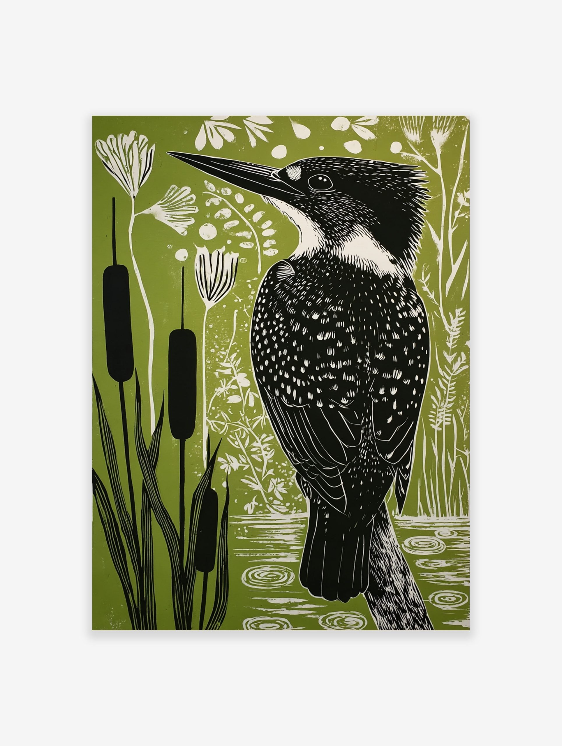 Kingfisher bird illustration in black and white against a green background with cattails and wetland plants