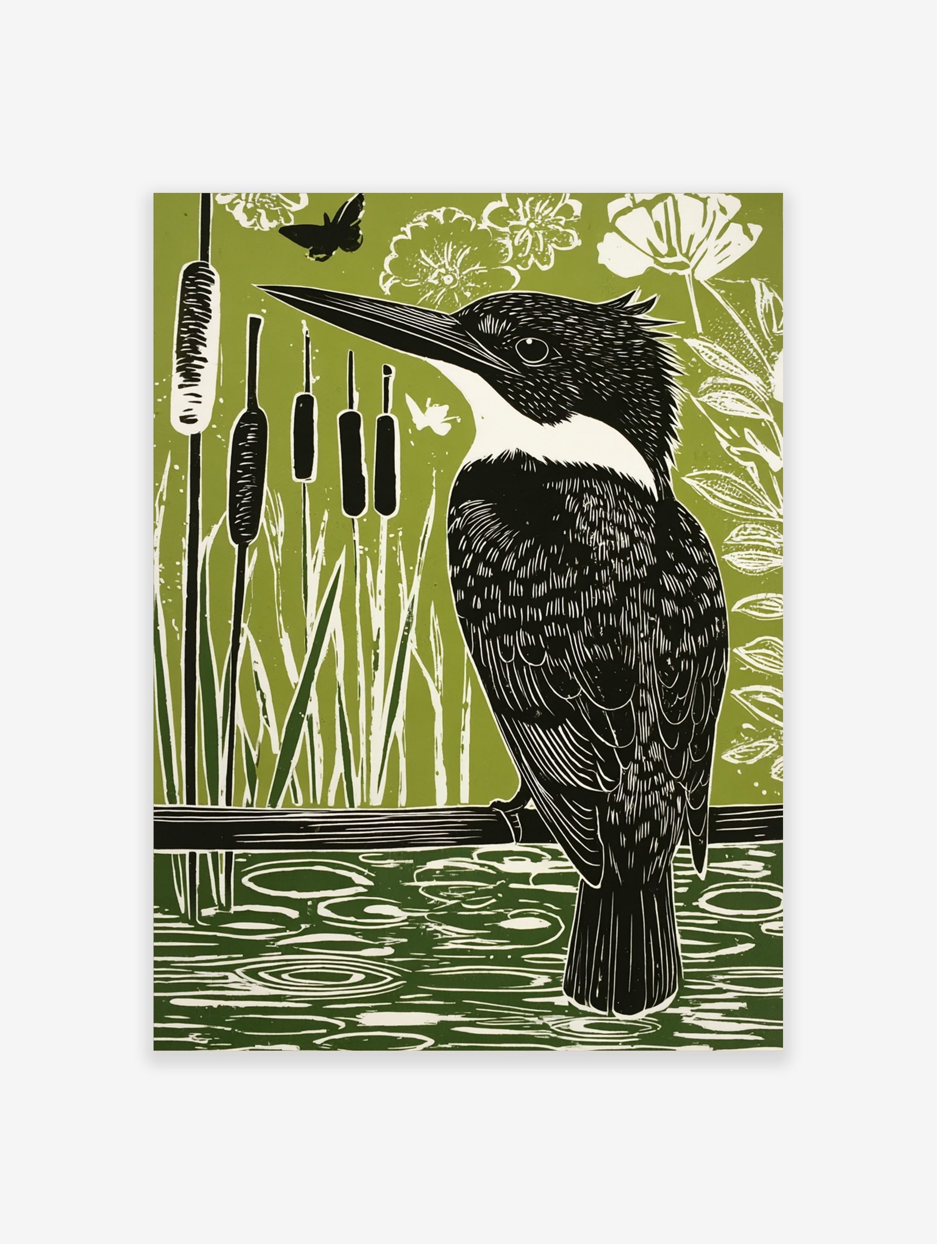 Linocut-style print of a black and white kingfisher bird on a branch over green water with reeds
