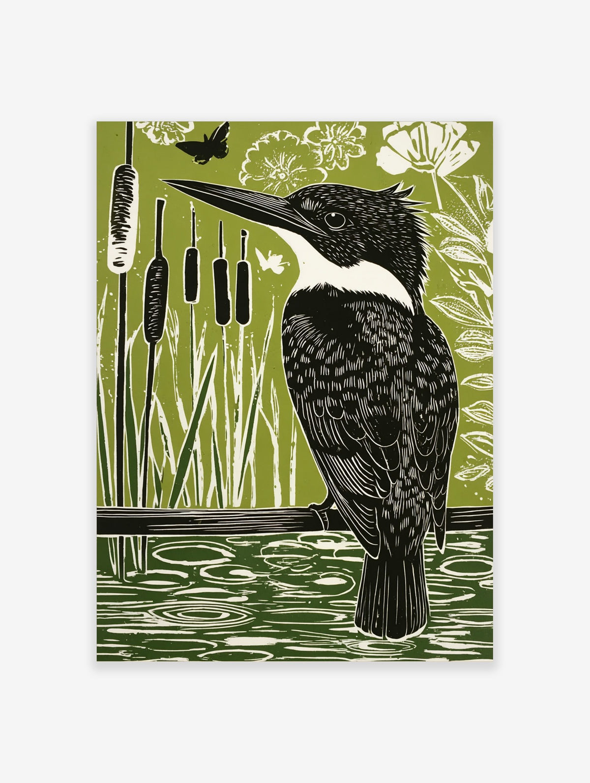 Linocut-style print of a black and white kingfisher bird on a branch over green water with reeds