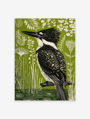 Linocut-style art print of a black and white kingfisher bird on a branch, vibrant green background