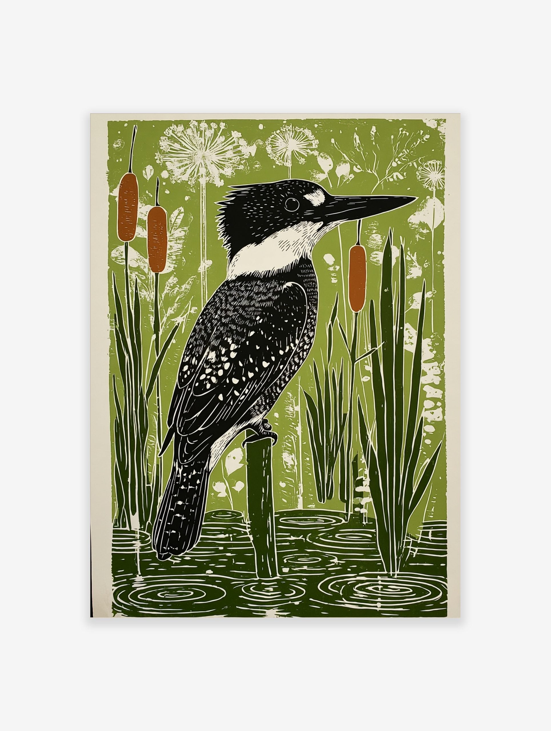 Crested kingfisher bird perched on a post in a green wetland with cattails and water ripples art print