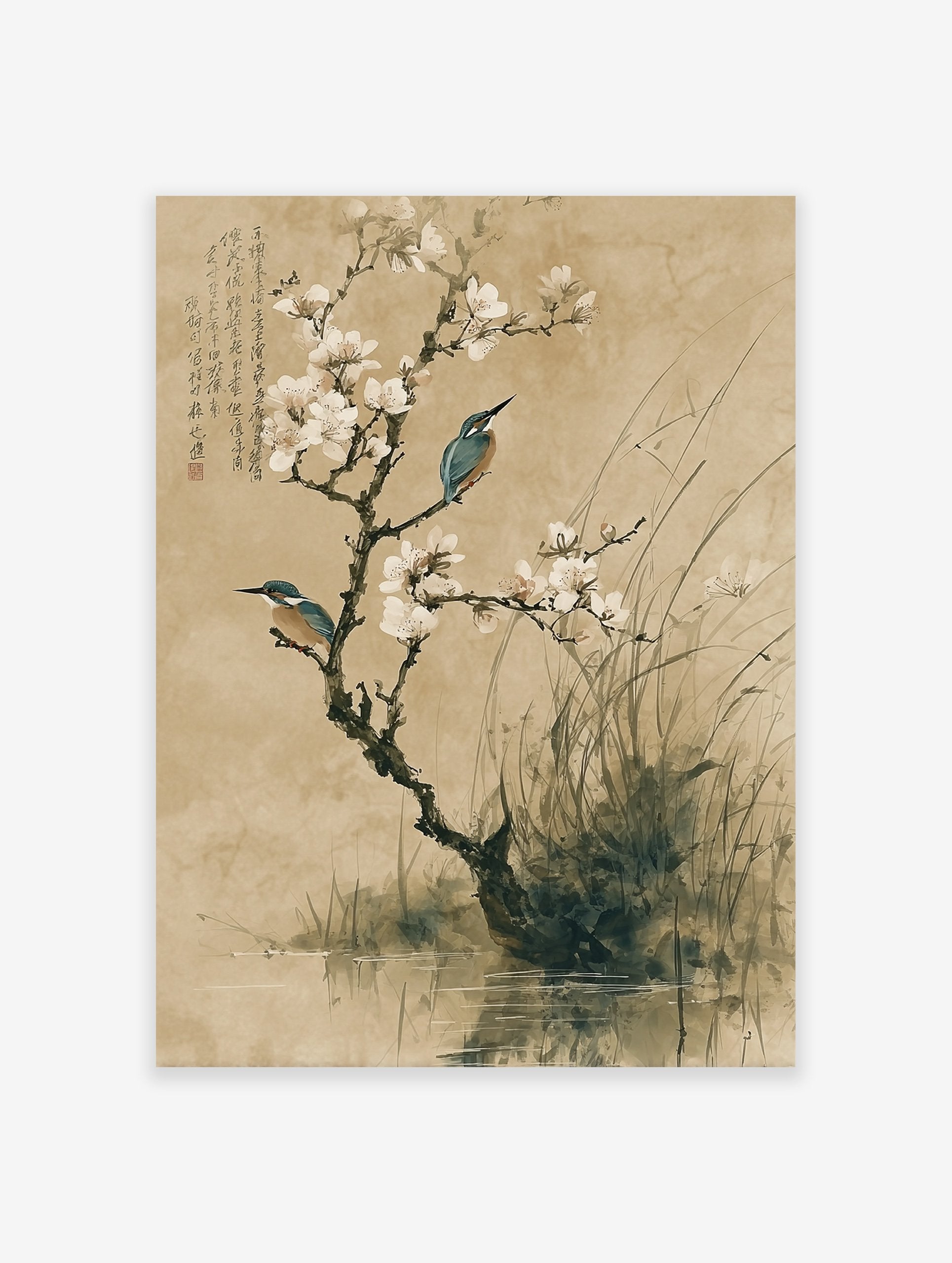 Japanese ink wash painting of two kingfisher birds on a flowering plum blossom branch over water with calligraphy.