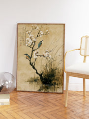 Japanese ink wash painting of two kingfisher birds on a flowering plum blossom branch over water with calligraphy. - Image 2