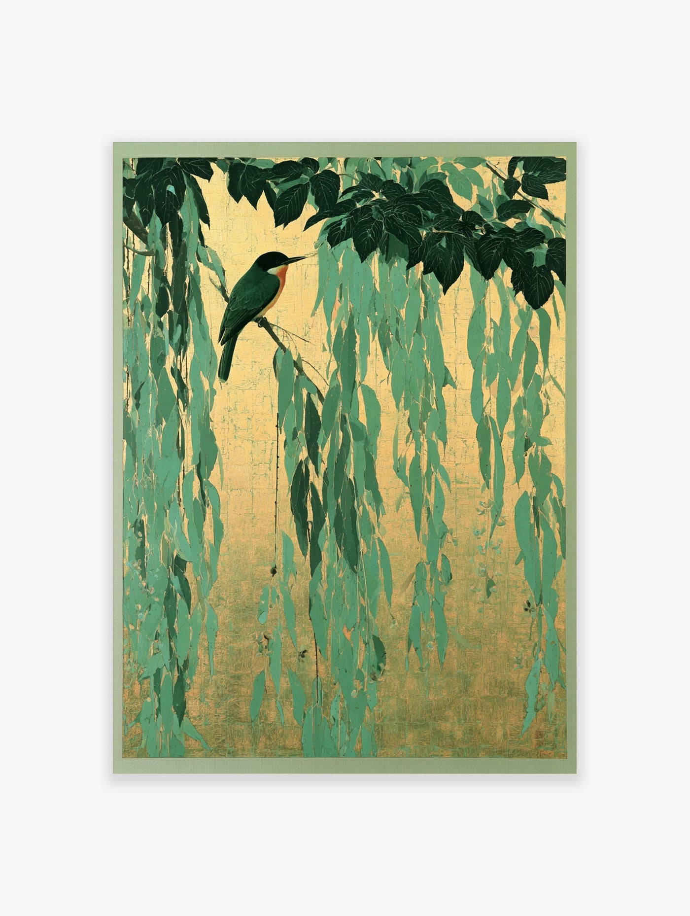 Kingfisher bird perched on a willow branch against a textured gold background, Japanese style wall art print
