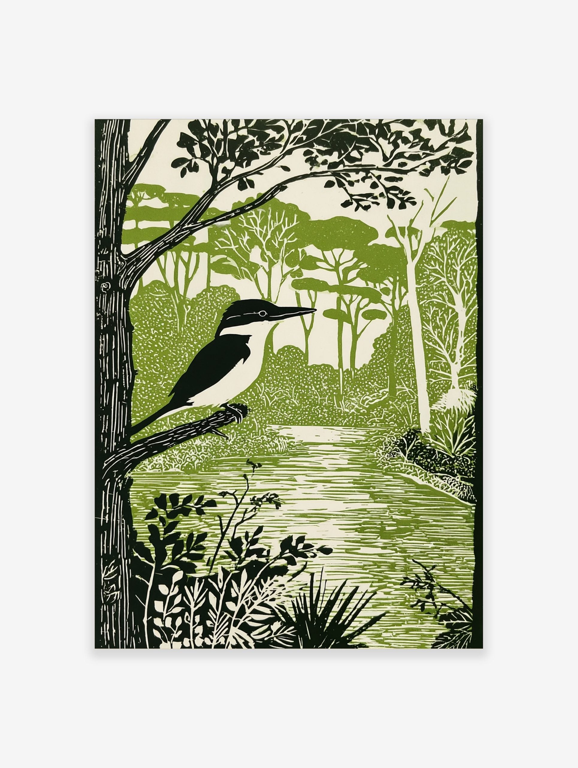 Linocut style kingfisher bird perched on a branch by a river, surrounded by green trees and foliage
