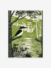 Linocut style kingfisher bird perched on a branch by a river, surrounded by green trees and foliage