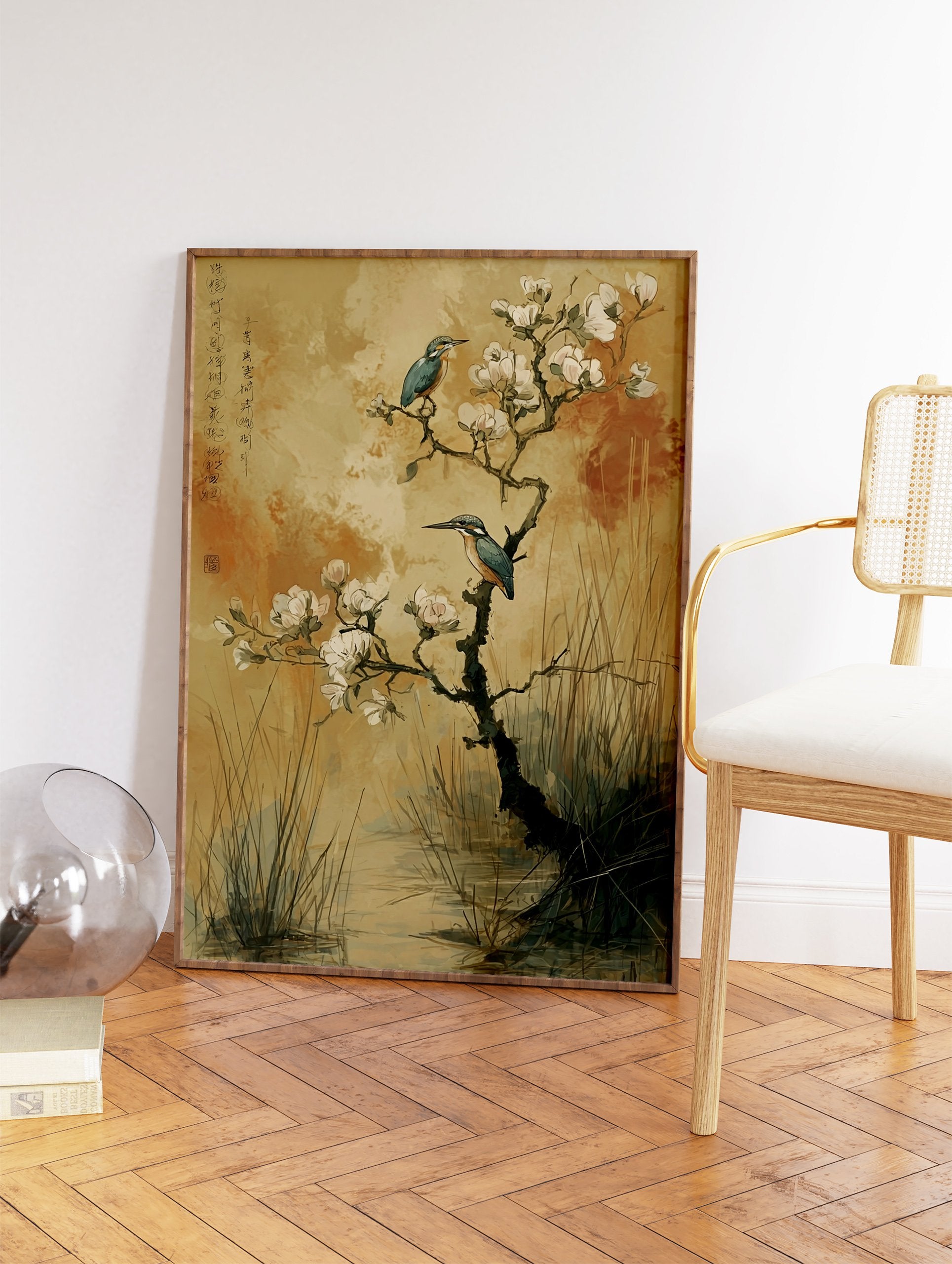Japanese style kingfisher wall art print with two blue kingfishers on a flowering white blossom tree branch over water and reeds. - Image 2