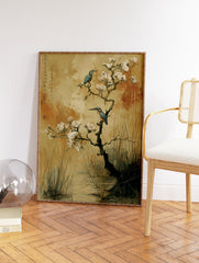 Japanese style kingfisher wall art print with two blue kingfishers on a flowering white blossom tree branch over water and reeds. - Image 2