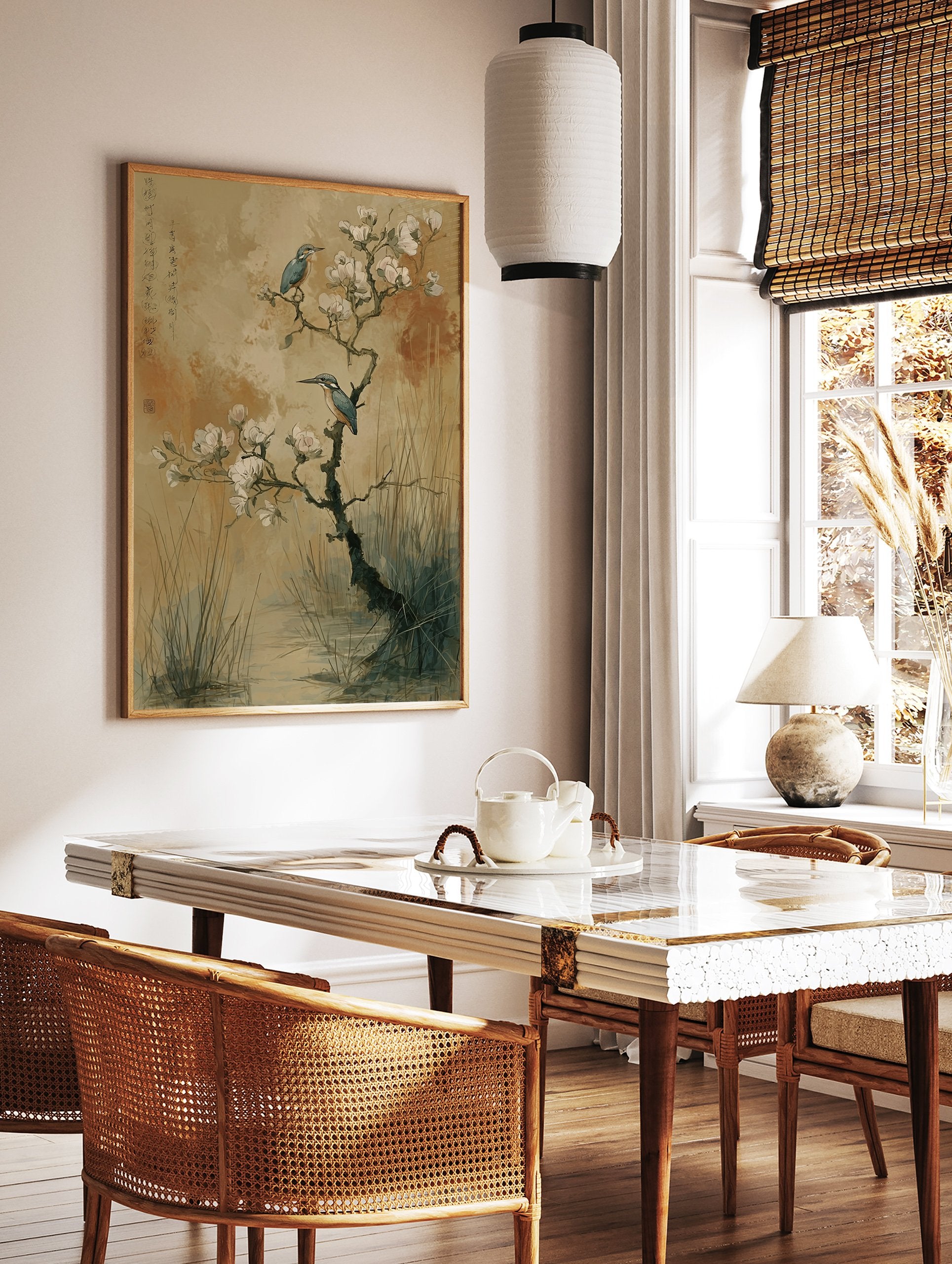 Japanese style kingfisher wall art print with two blue kingfishers on a flowering white blossom tree branch over water and reeds. - Image 3