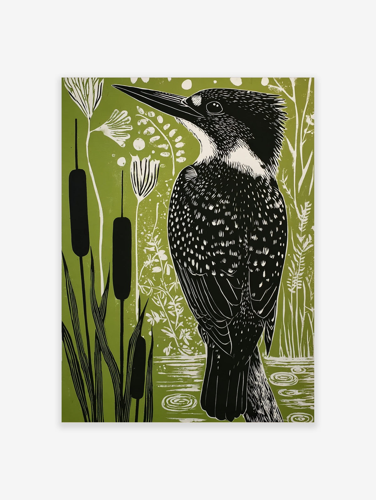 Illustrative linocut style print of a kingfisher bird among cattails and plants on a green background