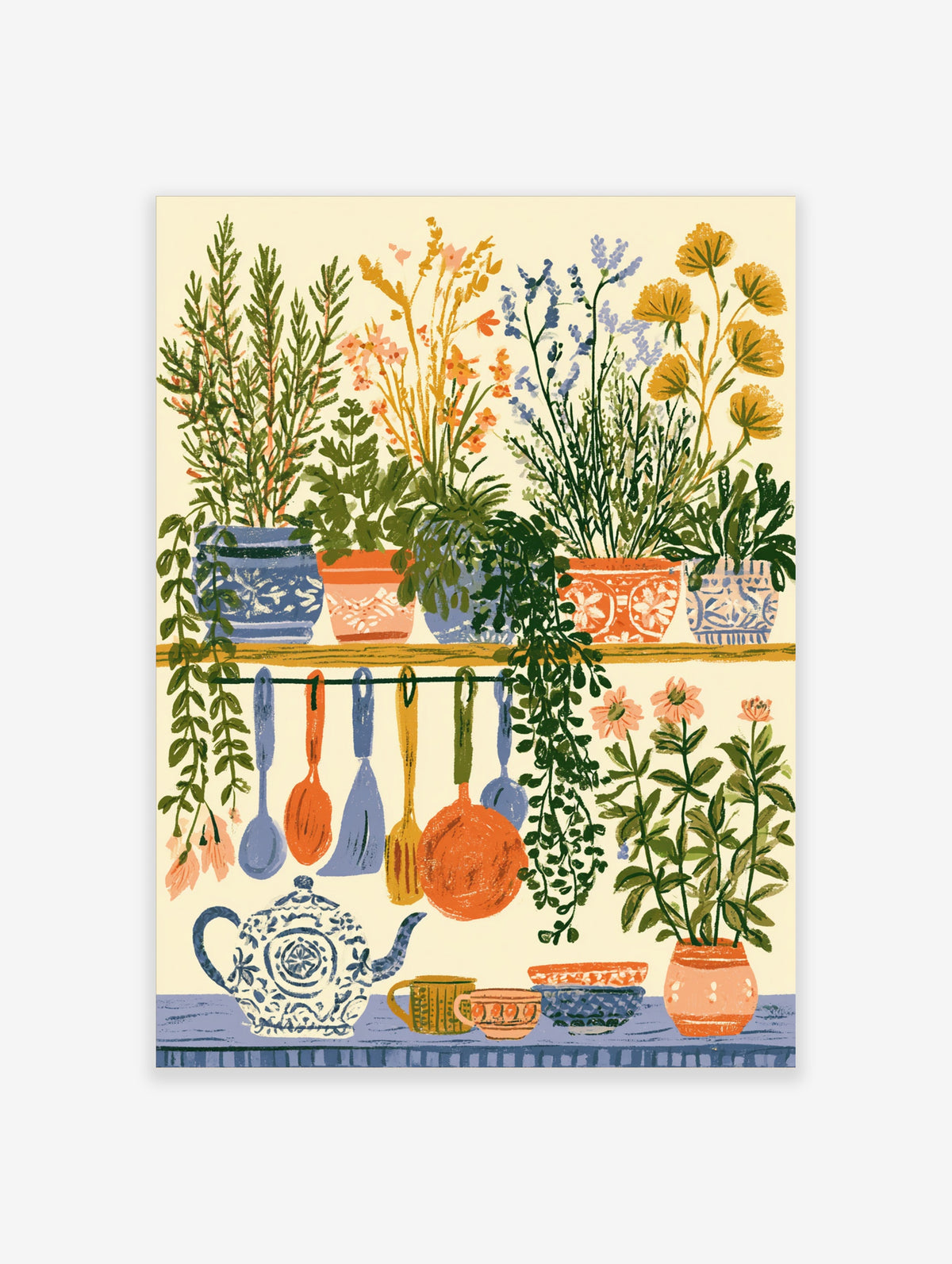 Colourful kitchen herb garden poster with potted rosemary, hanging utensils, and a blue teapot