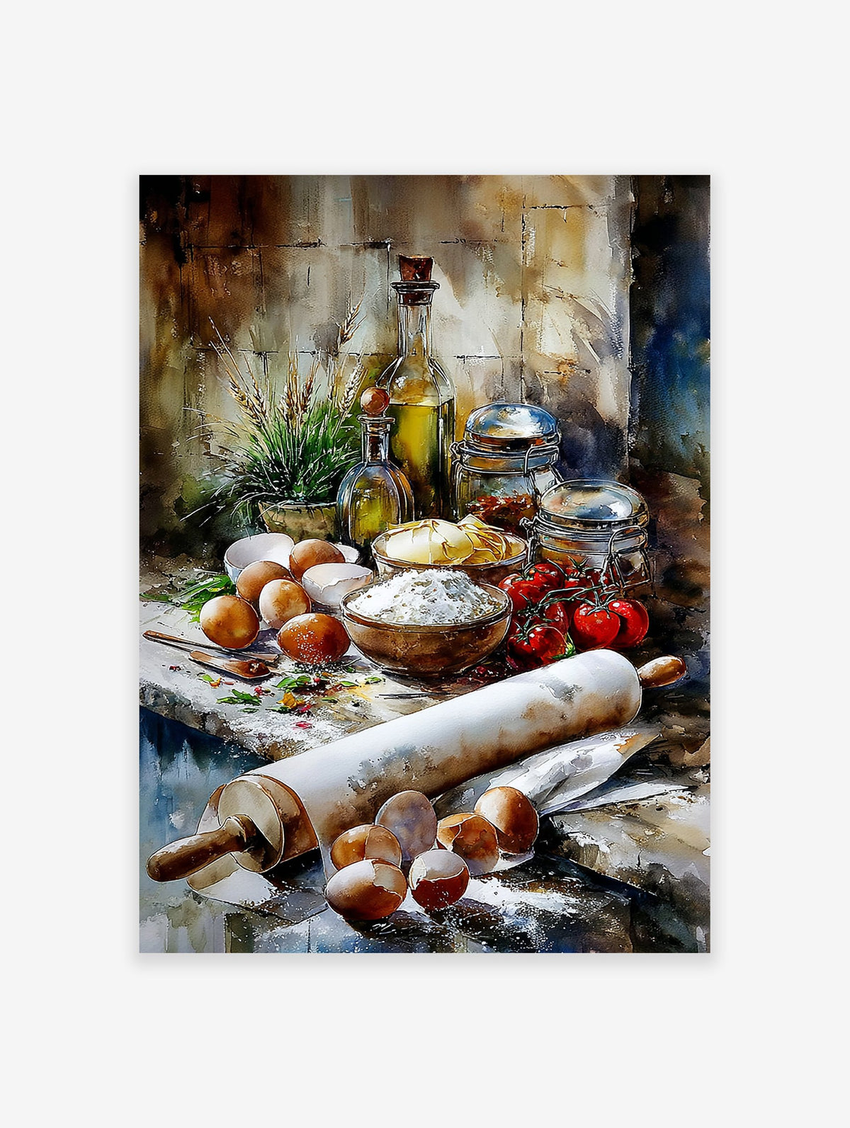 Kitchen ingredients poster featuring a watercolor still life of flour, eggs, rolling pin, olive oil, and tomatoes on a rustic table.