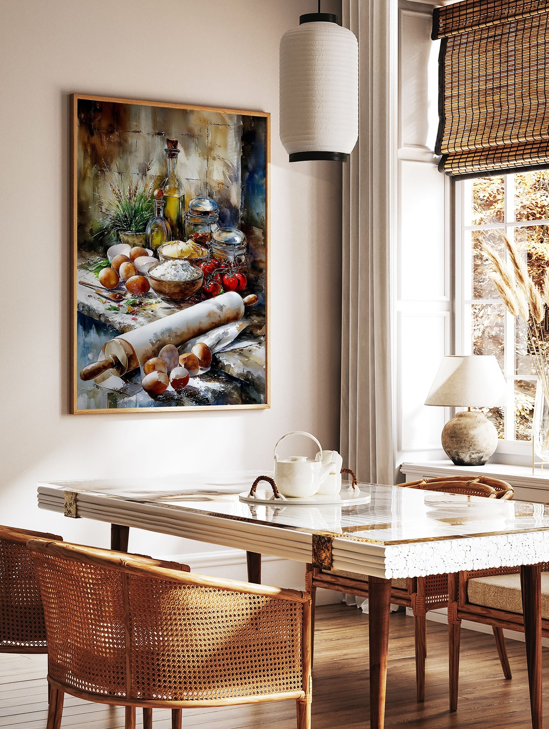 Kitchen ingredients poster featuring a watercolor still life of flour, eggs, rolling pin, olive oil, and tomatoes on a rustic table. - Image 2