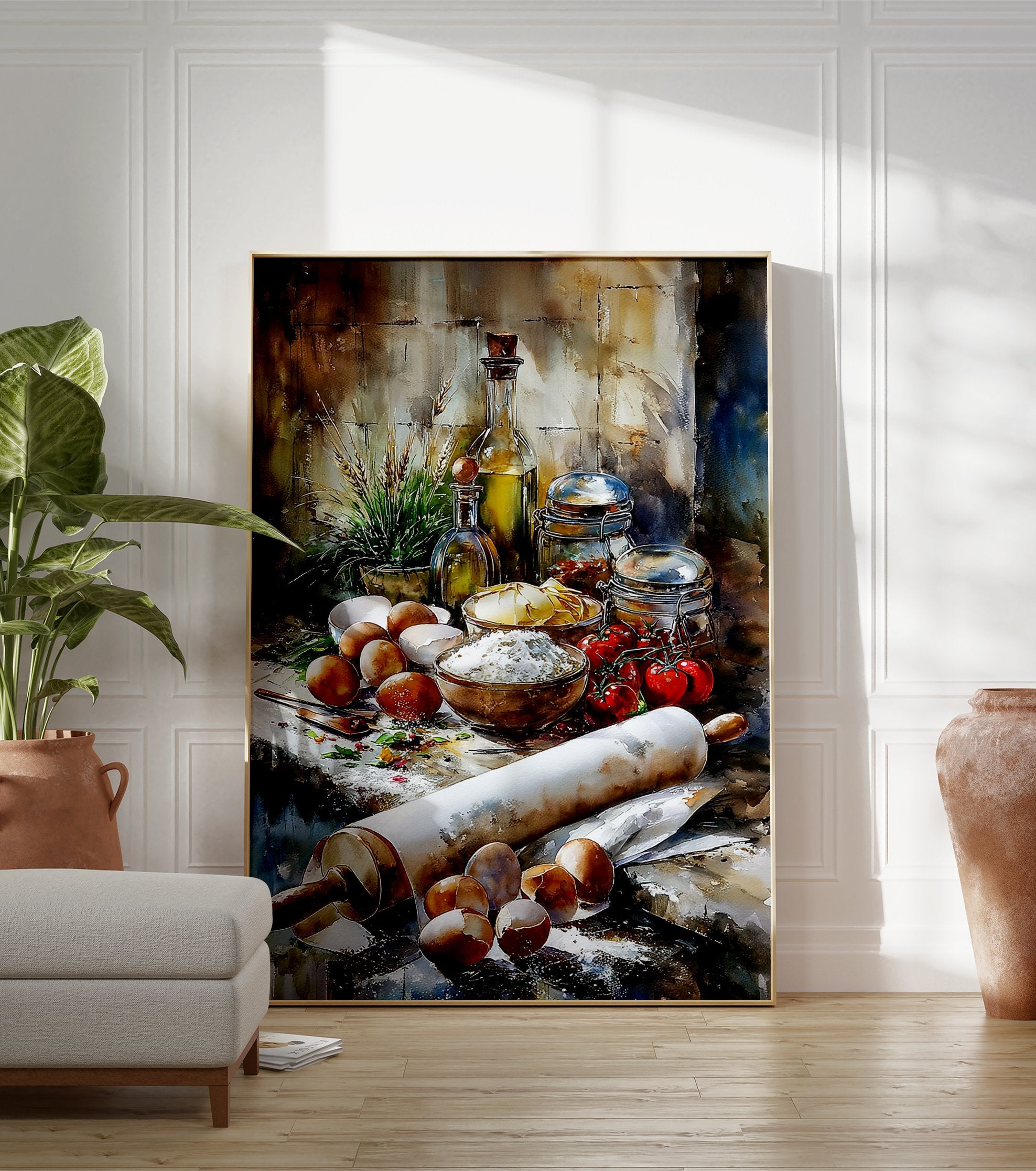 Kitchen ingredients poster featuring a watercolor still life of flour, eggs, rolling pin, olive oil, and tomatoes on a rustic table. - Image 3