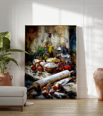Kitchen ingredients poster featuring a watercolor still life of flour, eggs, rolling pin, olive oil, and tomatoes on a rustic table. - Image 3