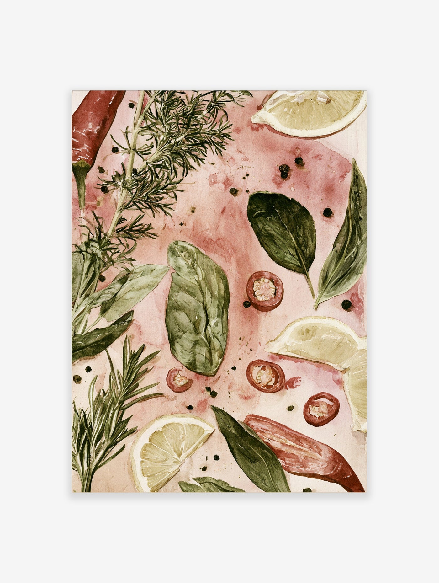 Watercolor illustration of rosemary, chili peppers, and lemon slices on a pink background for kitchen wall art