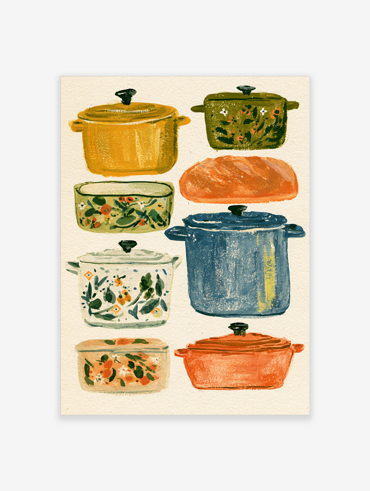 Colourful kitchen poster with painted pots, casserole dishes, and a loaf of bread on a cream background