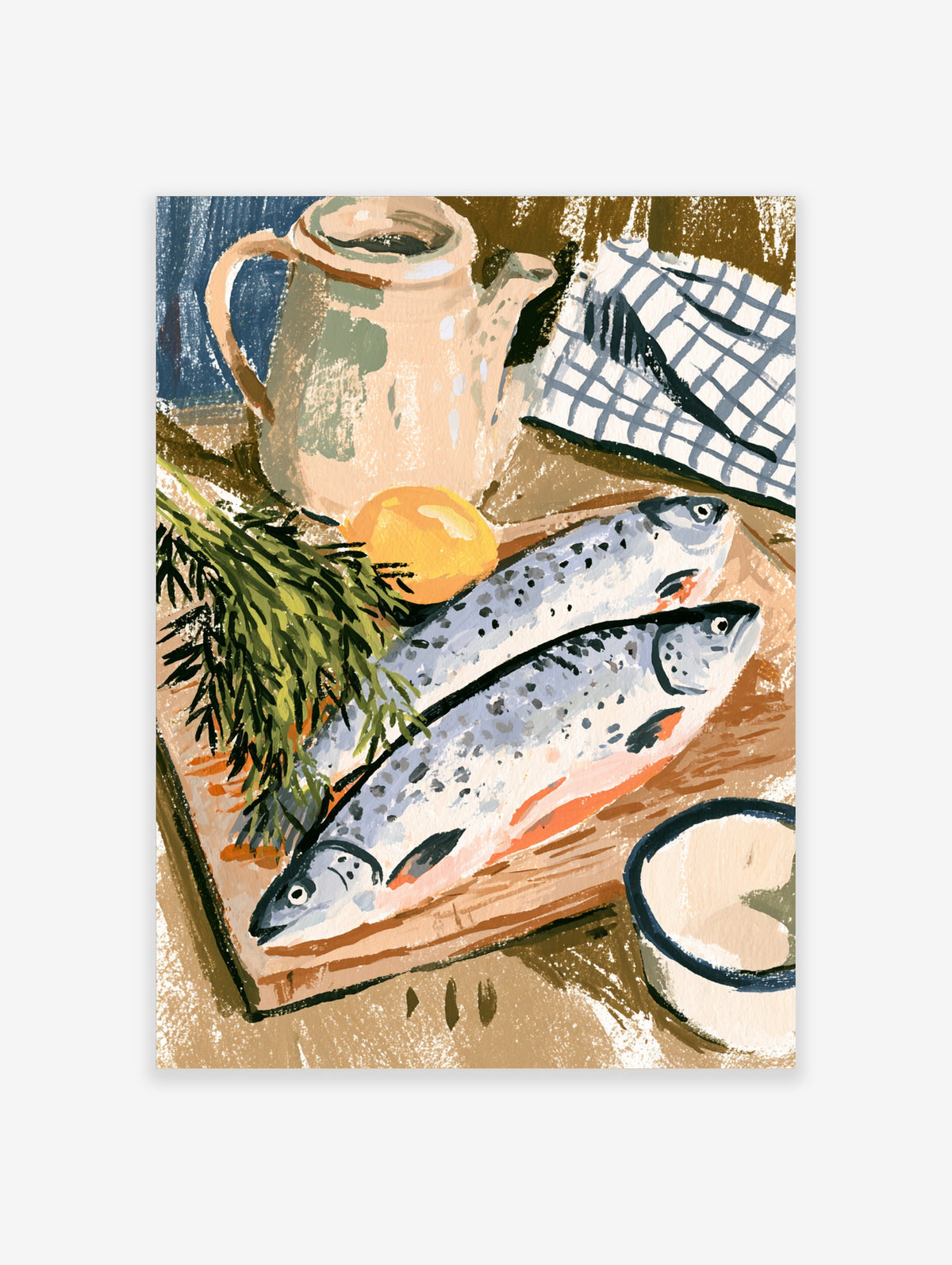 Kitchen salmon poster with two spotted fish, dill, lemon and jug on wood board