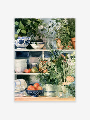 Watercolour kitchen shelf art print with blue patterned bowls, terracotta plants, and fruit