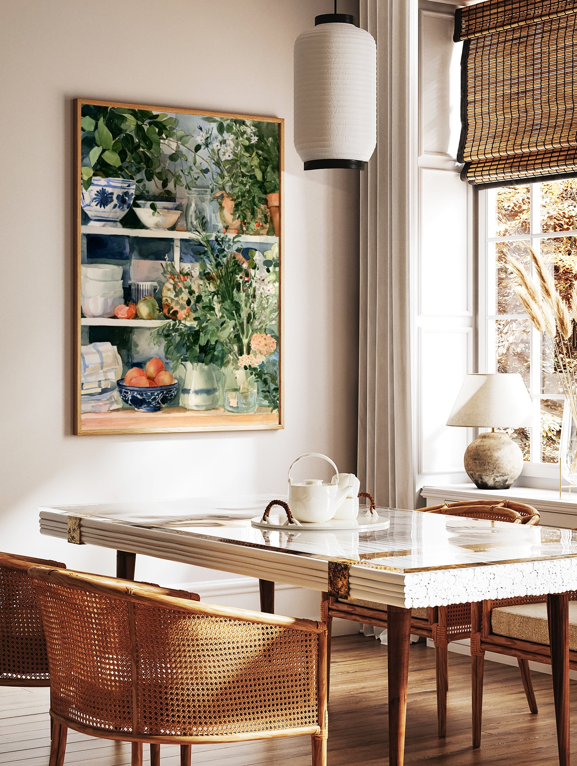 Watercolour kitchen shelf art print with blue patterned bowls, terracotta plants, and fruit, in a styled room mockup