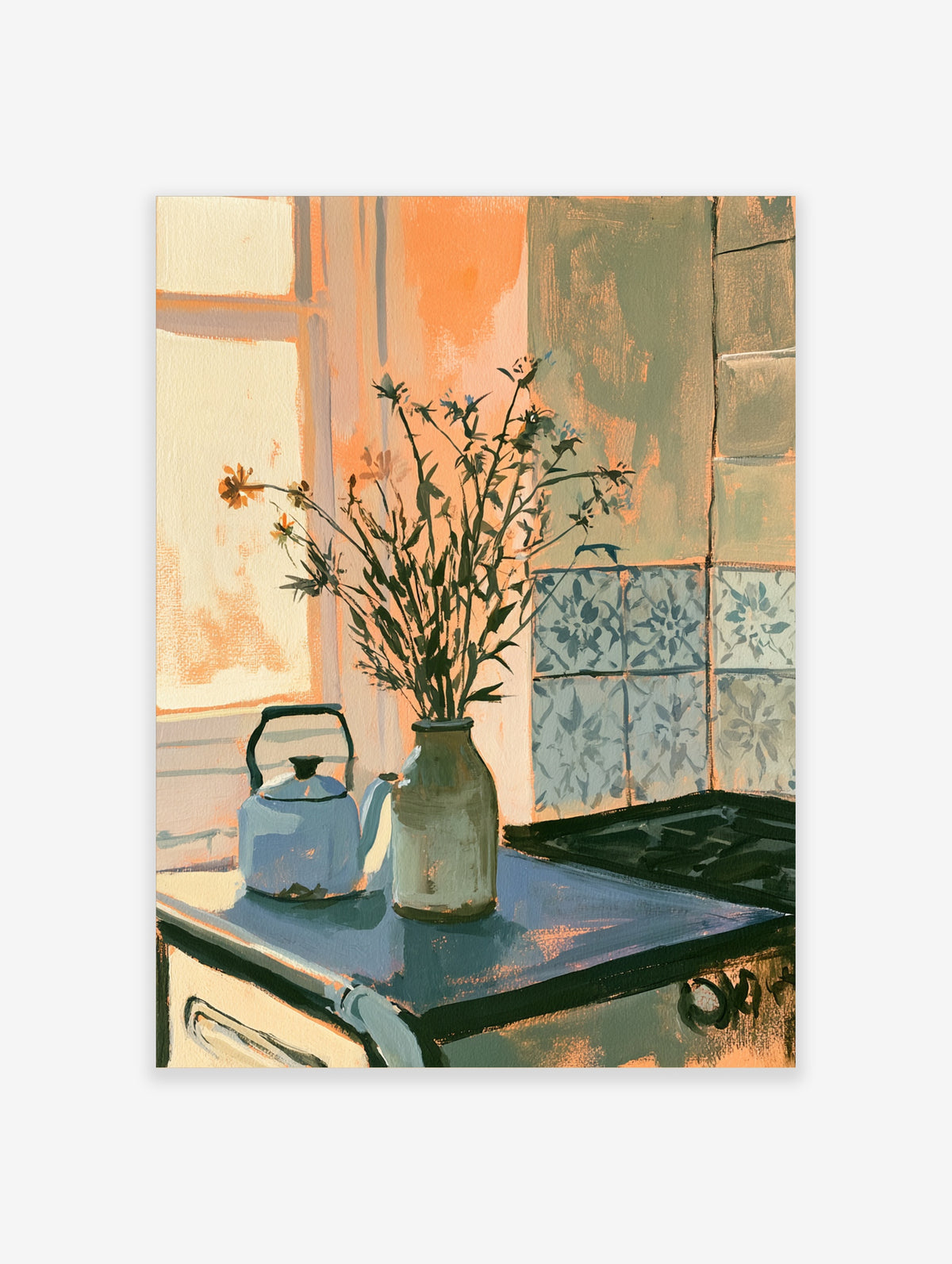 Kitchen still life poster with blue kettle, flower vase, and patterned tiles