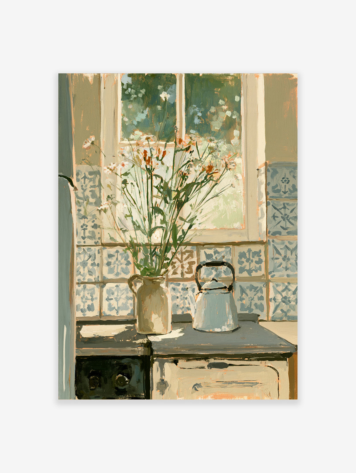 Kitchen still life poster of a floral jug and blue kettle on a tiled sill before a window