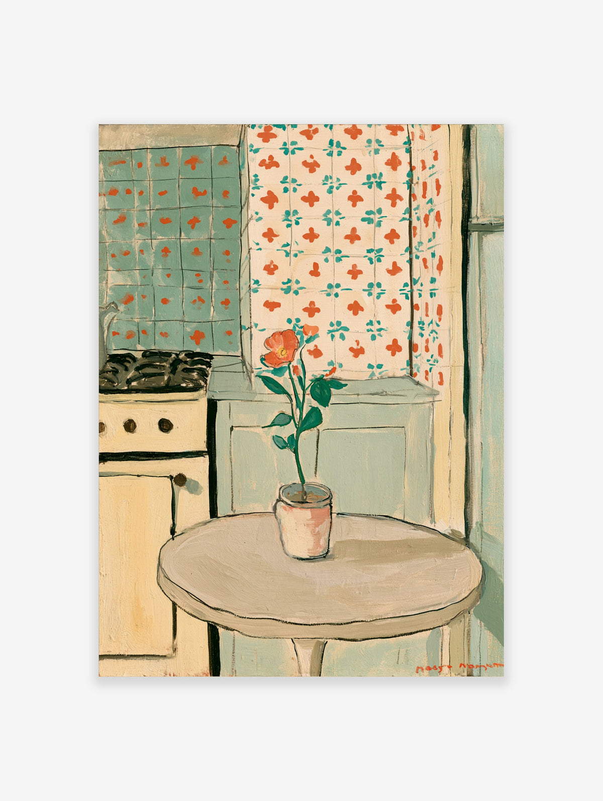 Kitchen still life poster with orange flower in jar, patterned tiles and stove