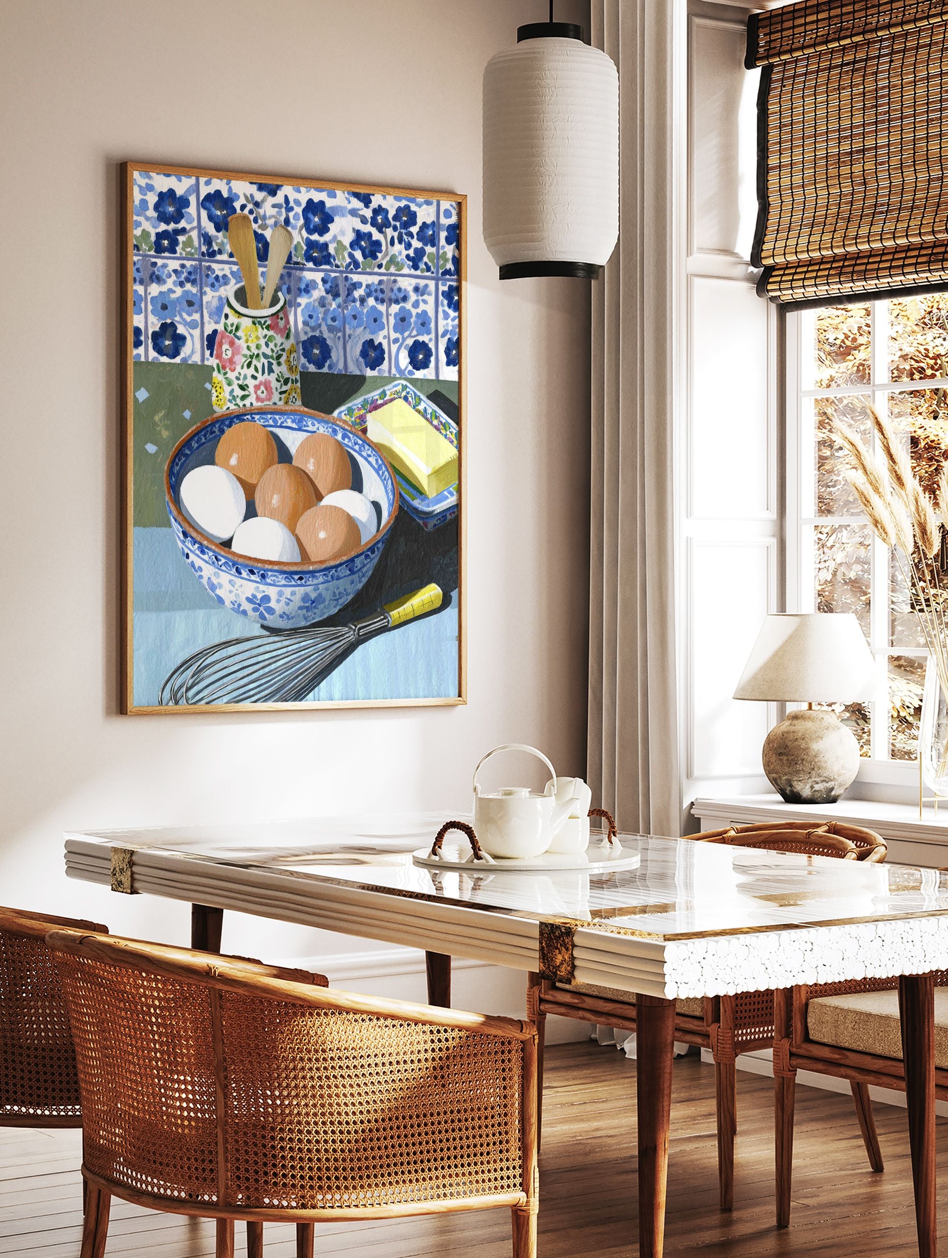 Kitchen Still Life Wall Art showing a bowl of eggs, butter, whisk, and wooden spoons against blue and white tiles. - Image 3