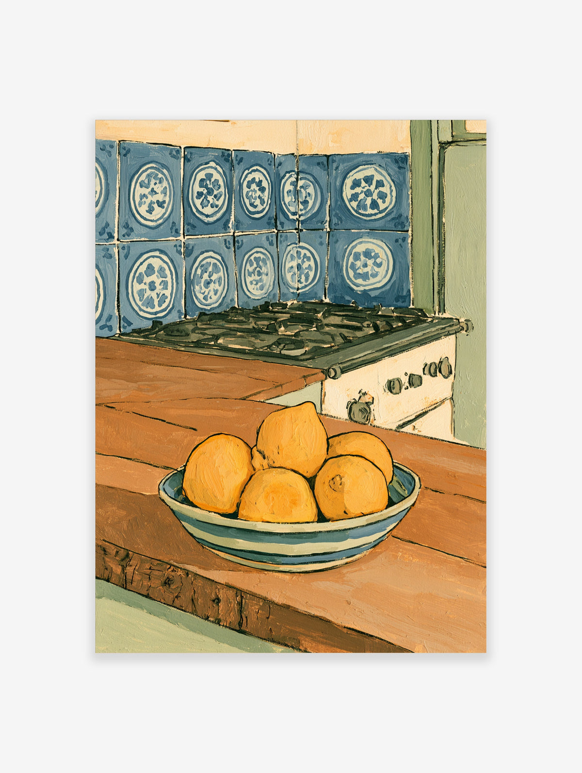 Kitchen still life poster of lemons in a bowl on a wooden counter with blue tiles and a gas hob