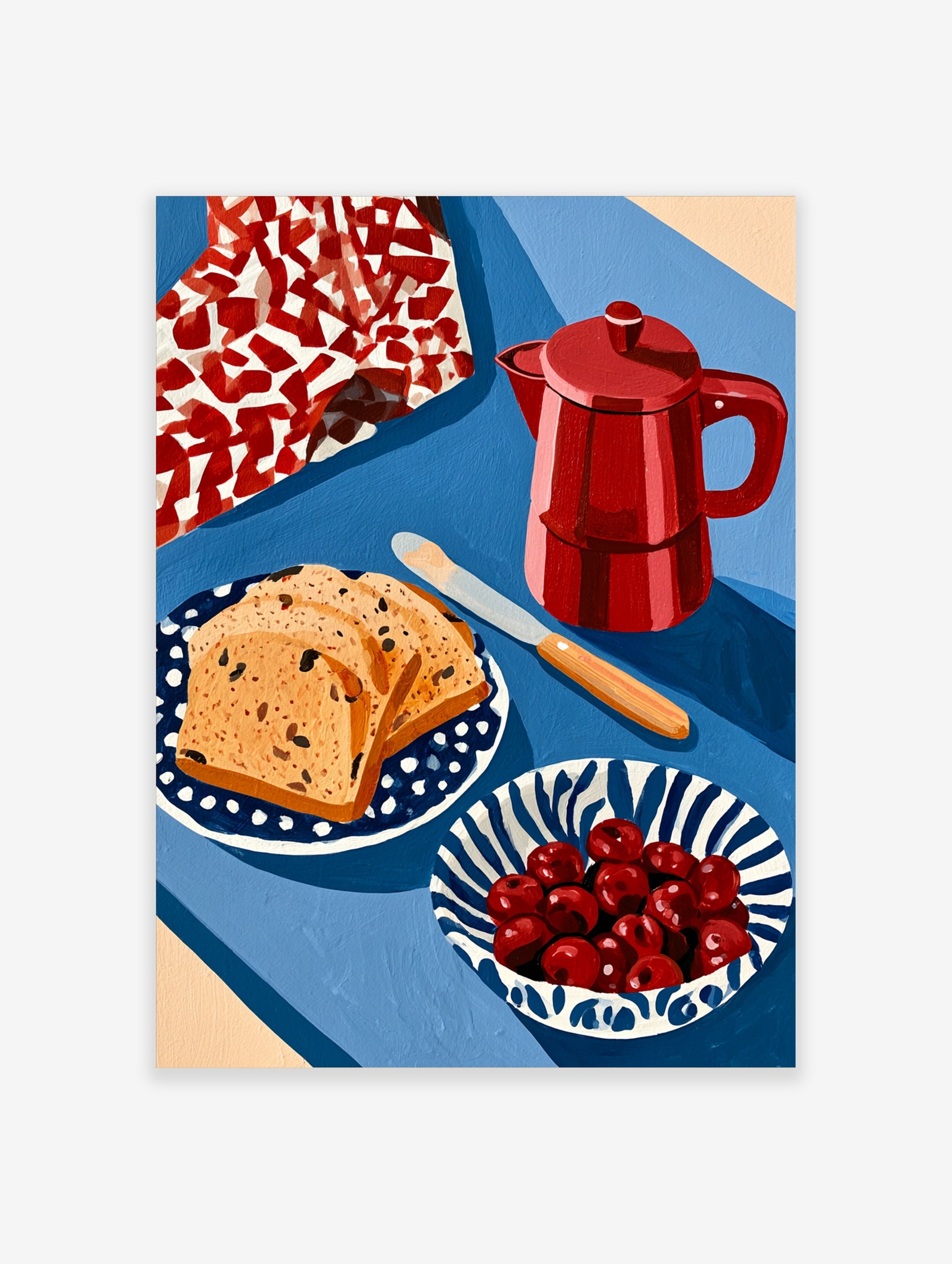 Still life wall art print featuring a red moka pot, fruit bread slices, and a bowl of cherries on a blue background