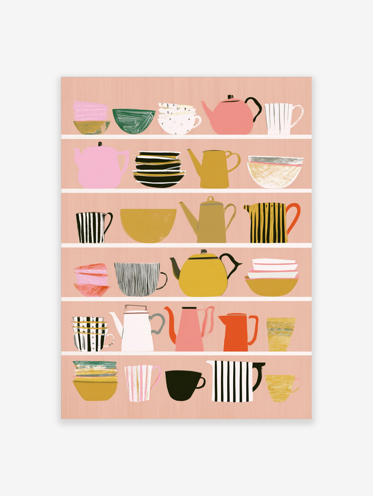 Colourful kitchen tea set poster with stacked bowls, striped mugs, and teapots on a peach background