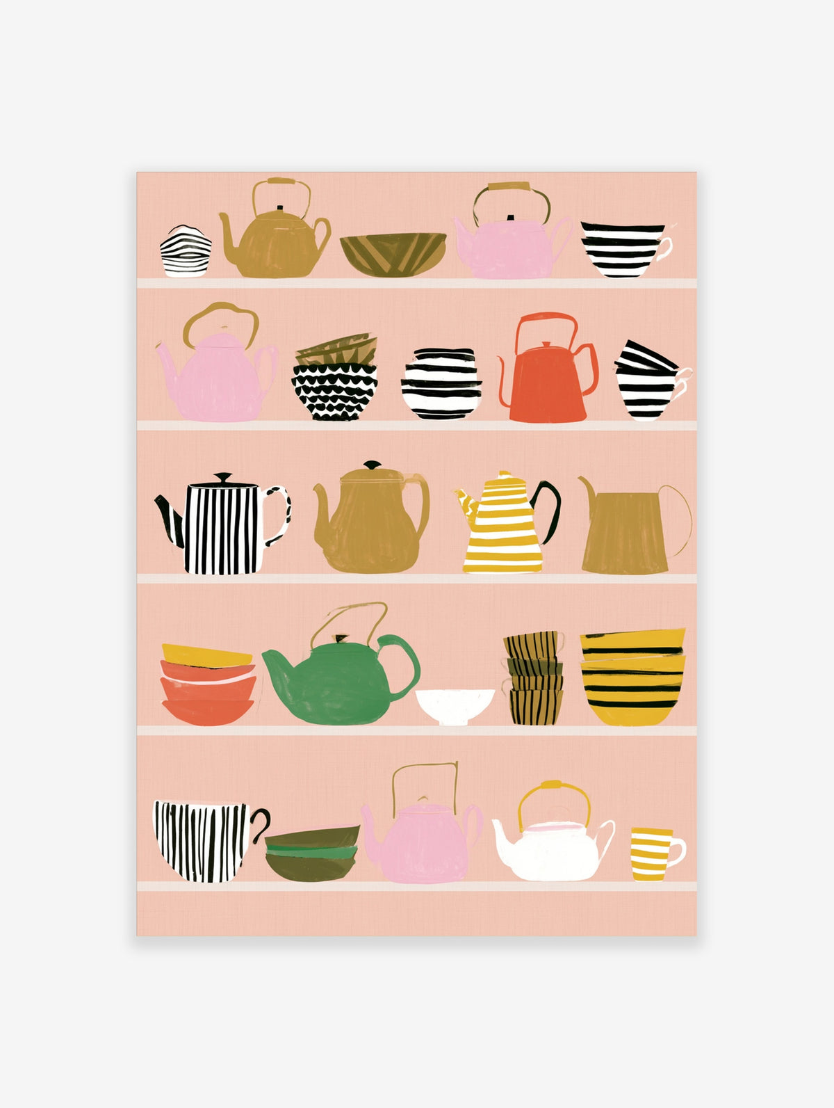 Colourful tea set illustration with teapots, cups, and bowls on shelves in pink, green, and yellow