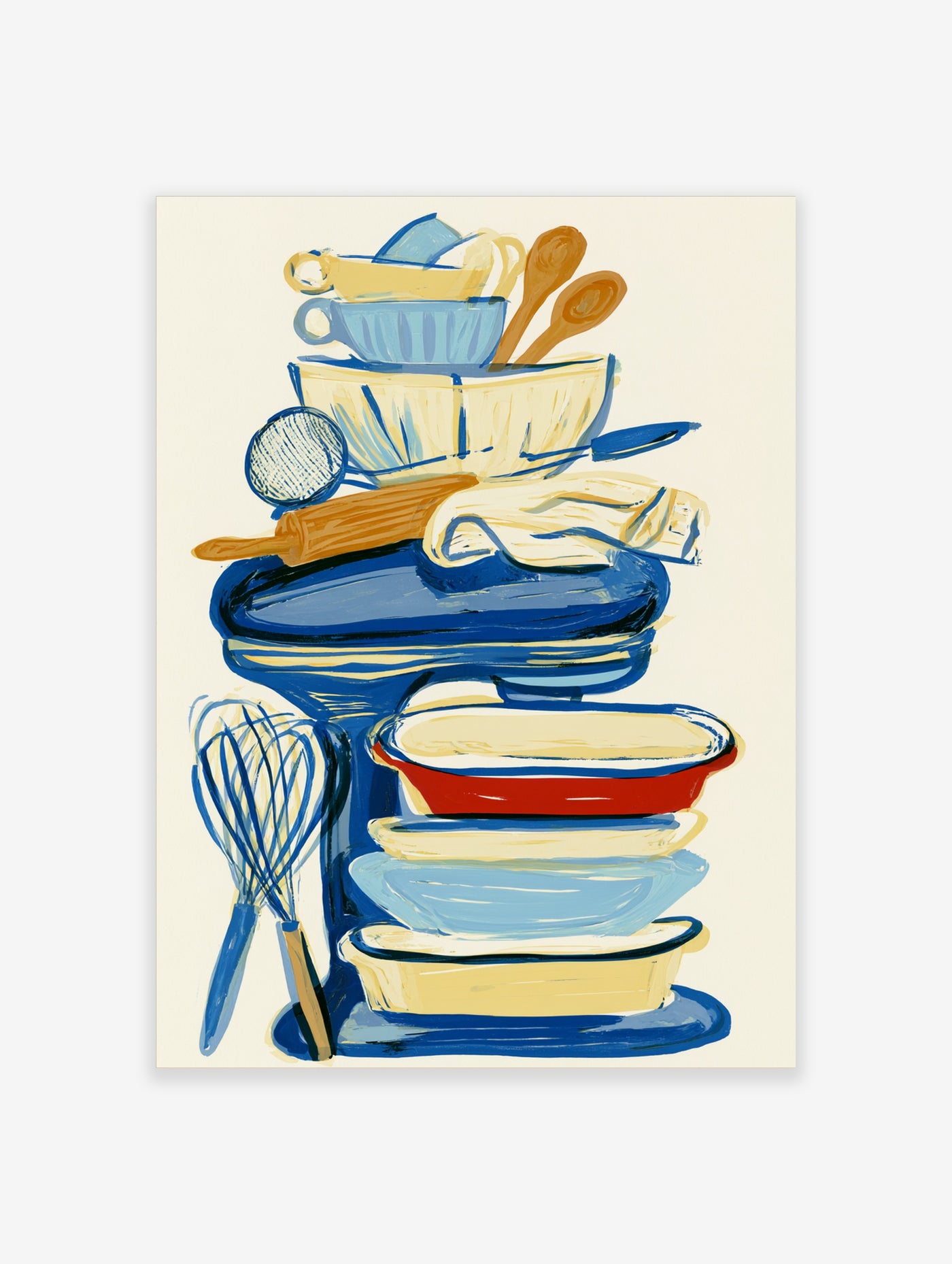 Stacked kitchen utensils illustration in blue, red, and cream, with whisk and rolling pin, on white background