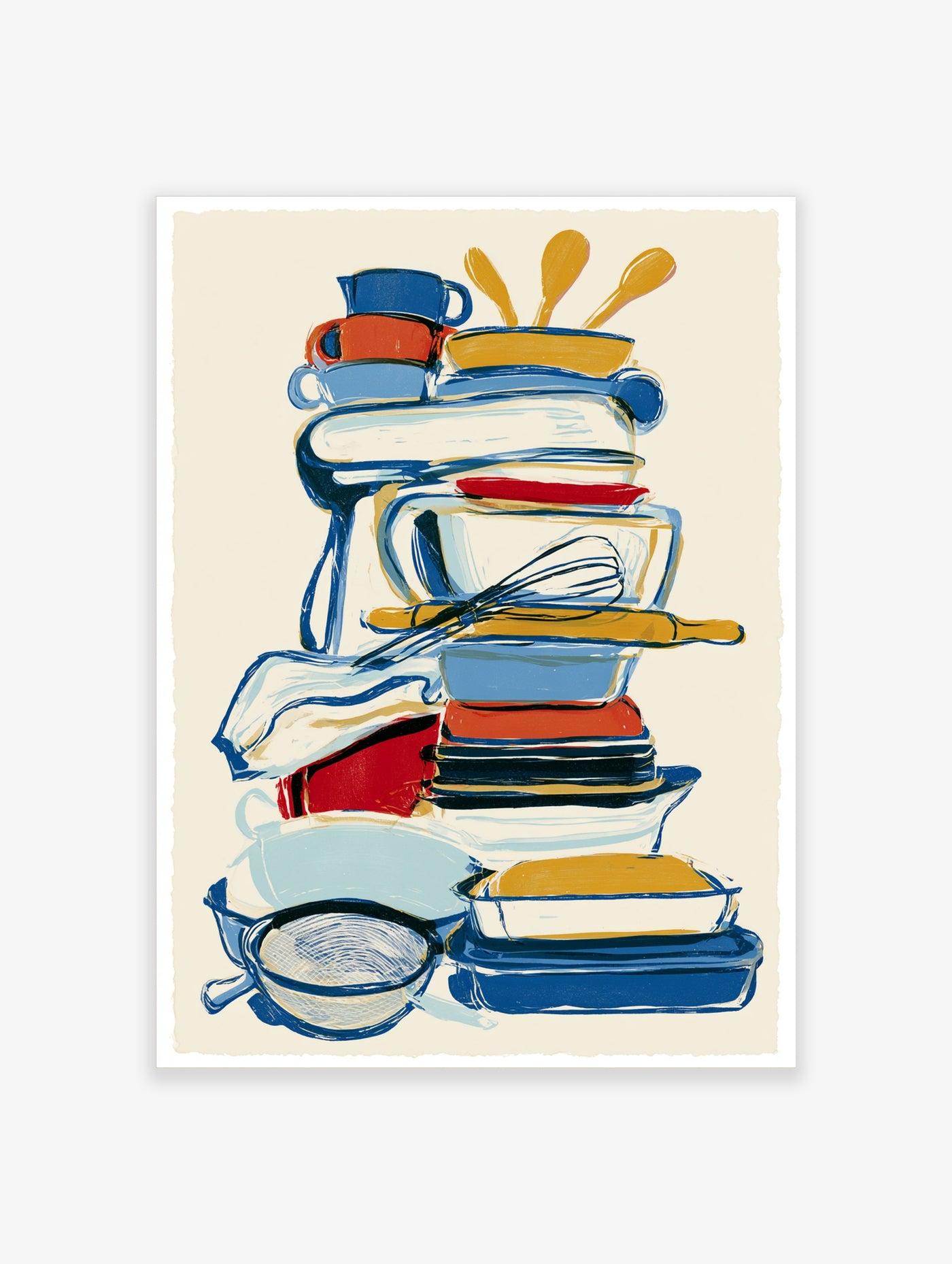 Colourful kitchen utensils stacked illustration, pots, bowls, spoons, blue red yellow, unframed paper print