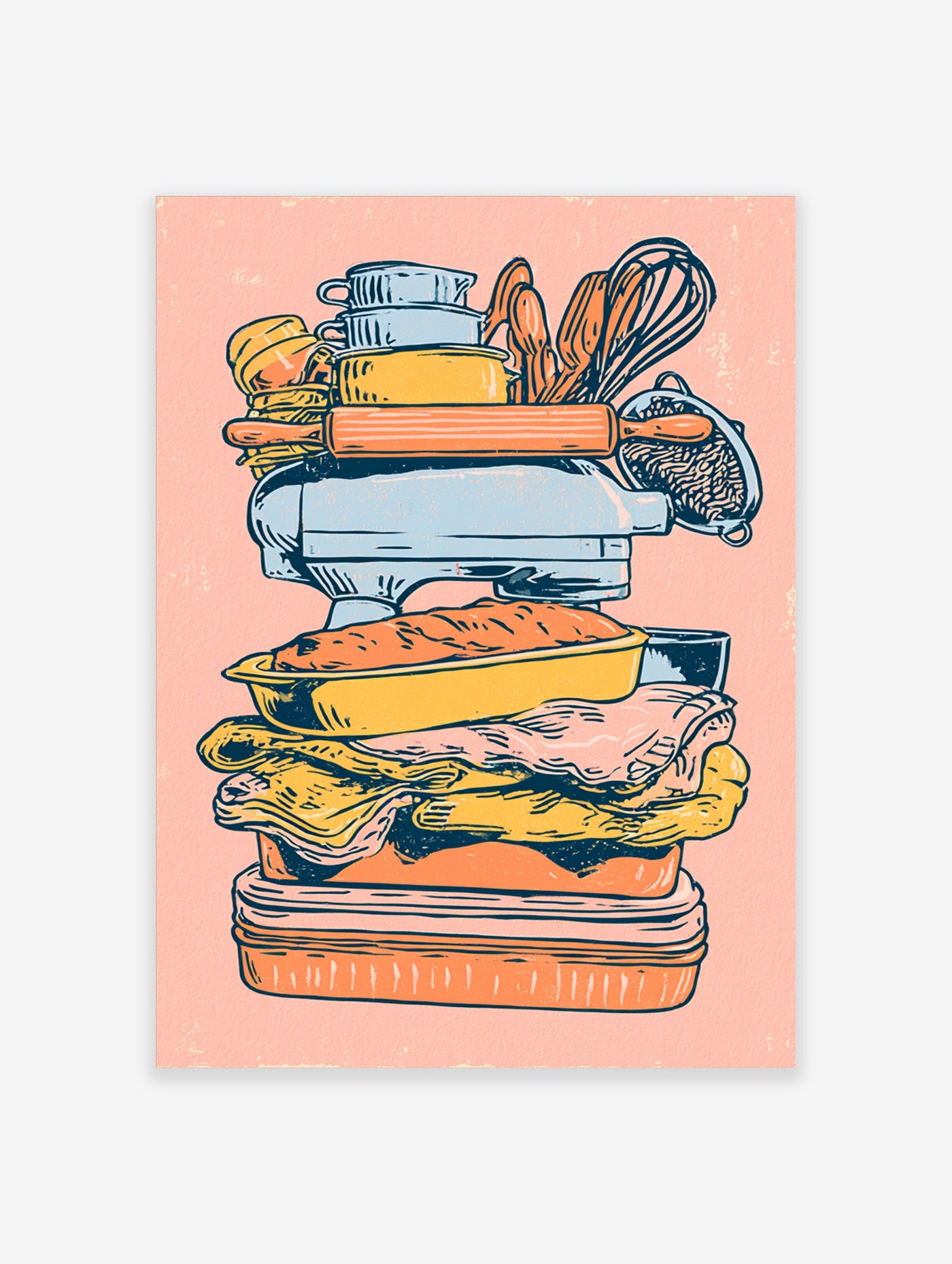 Kitchen utensils wall art with stacked pots, rolling pin, whisk, and food on pink background