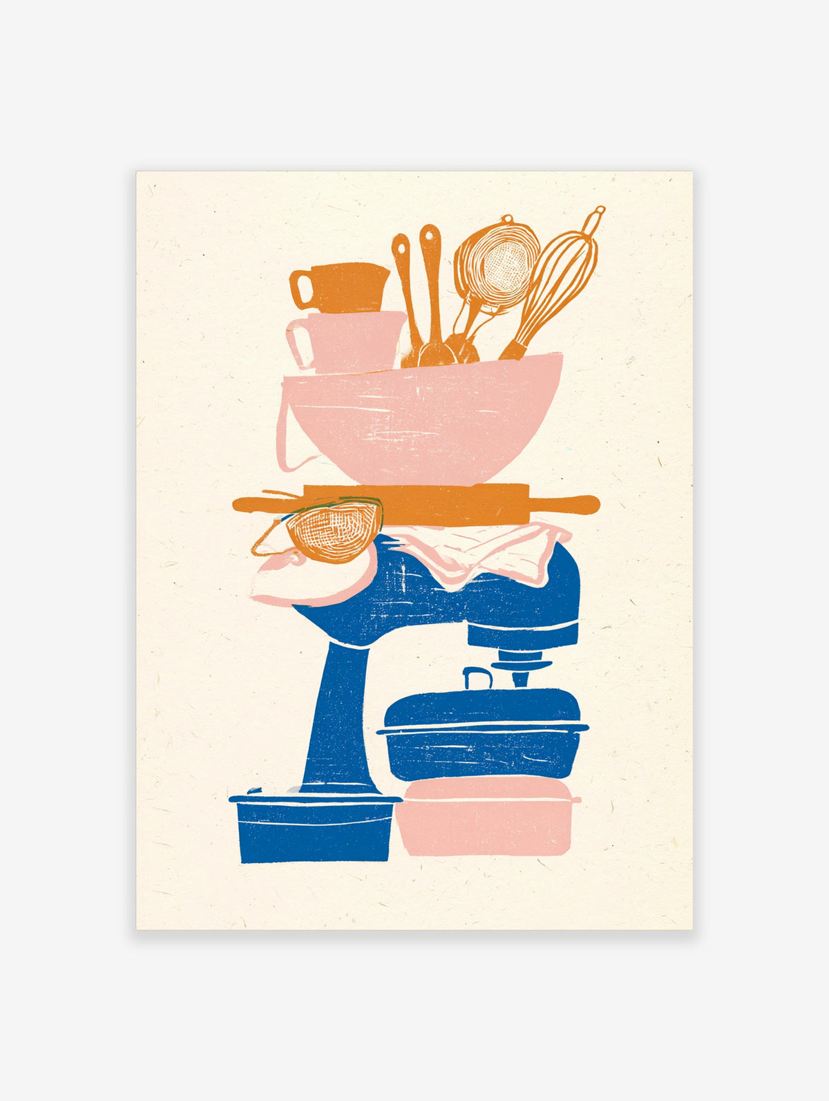 Retro kitchen utensils illustration print with pink bowl, blue mixer, orange rolling pin on cream background