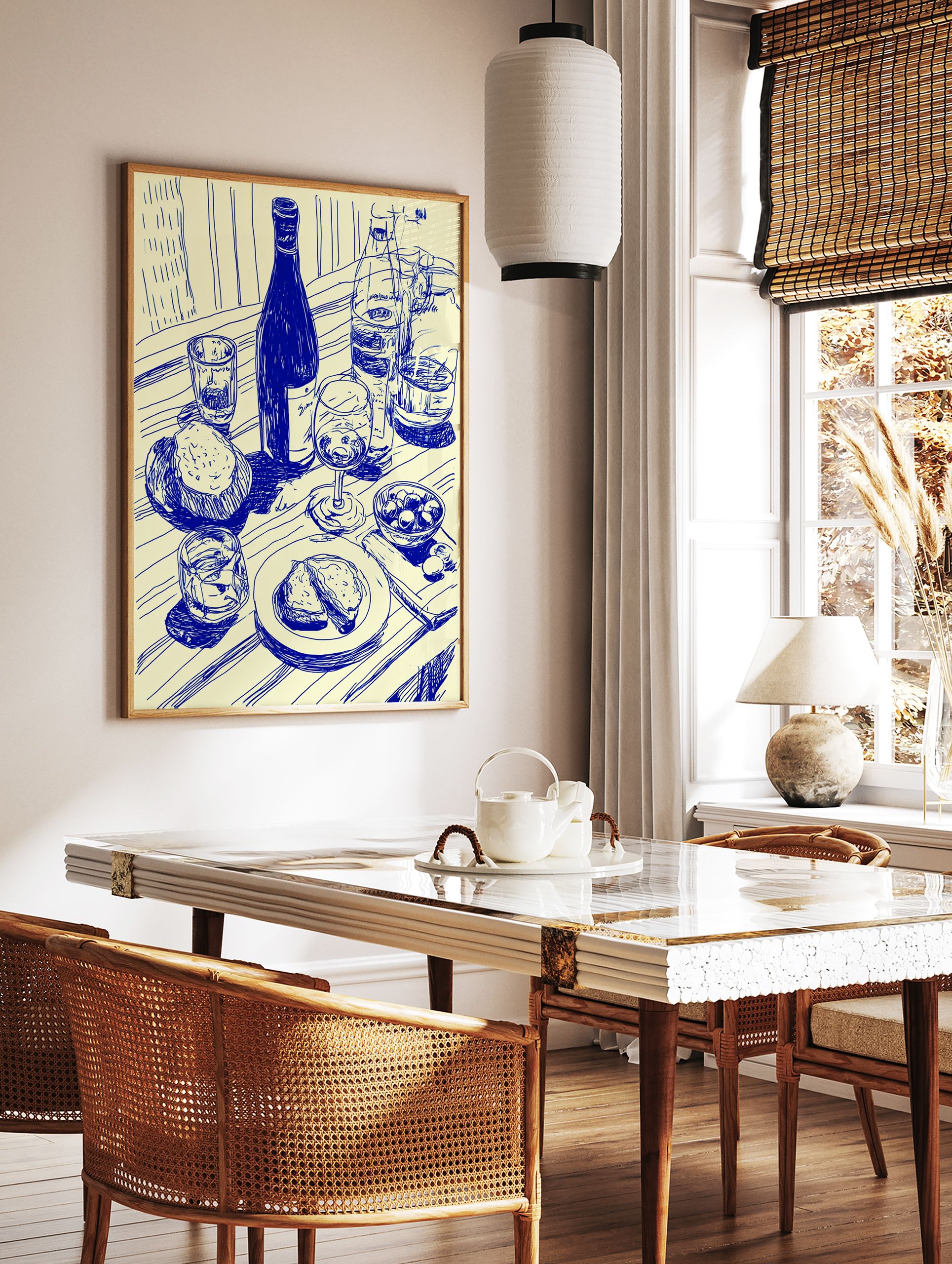 Blue line art kitchen wall art print of a dining scene with wine bottles, glasses, bread, and olives on a striped table. - Image 3