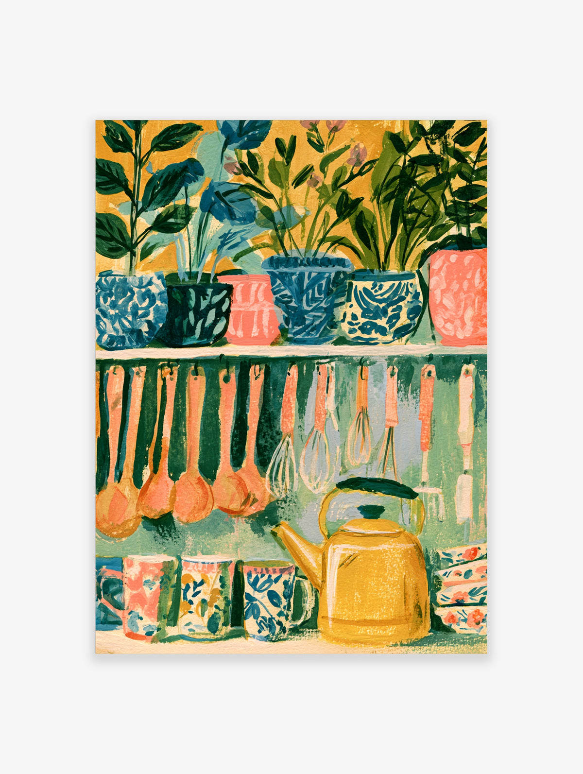 Colourful kitchen poster with potted herbs, hanging spoons, and a yellow kettle