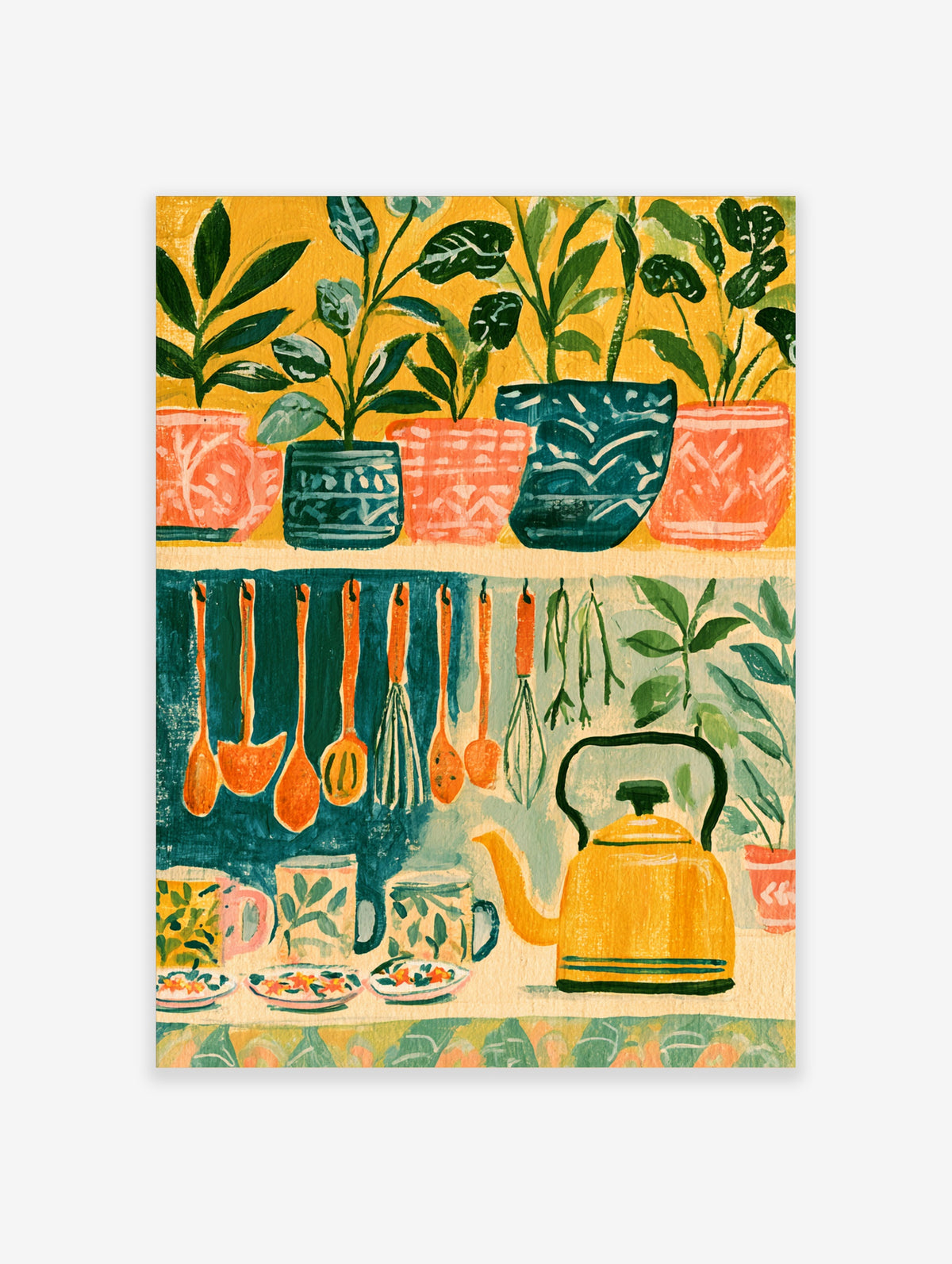 Colourful kitchen wall art print with potted plants, hanging utensils and a yellow kettle on a shelf
